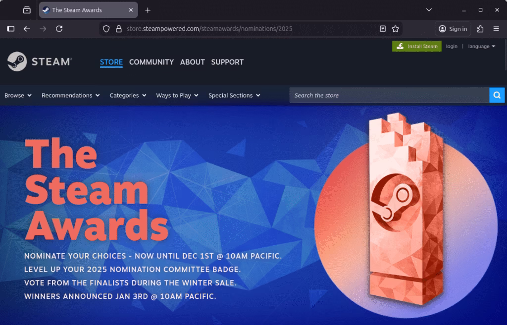 Steam Awards 2025 Abrem Indicações; Votação vai até 1º de Dezembro